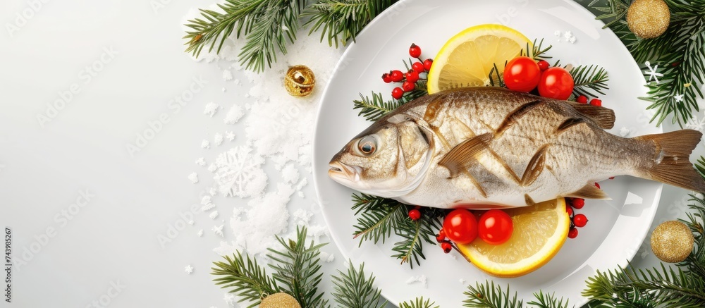 Poster fried carp whole served with lemon and cherry tomatoes on white plate christmas decoration. with cop