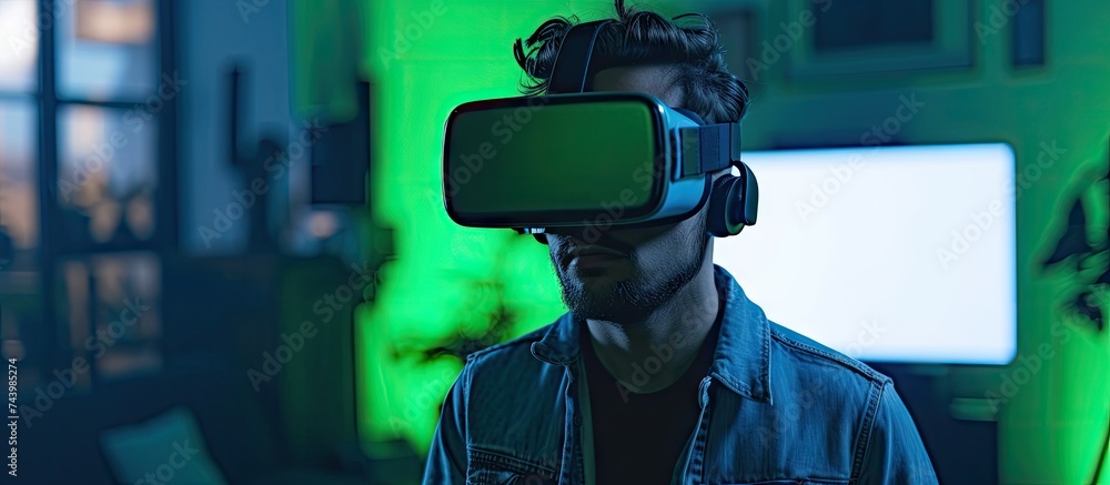 Poster Man computer with green screen virtual reality and gaming online streaming metaverse and mockup space Digital world VR goggles and controller future technology and male streamer in dark room