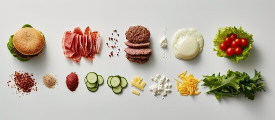 The process of making a burger Ingredients for making a burger Everything you need to make a burger is laid out on the table. with copy space image. Place for adding text or design