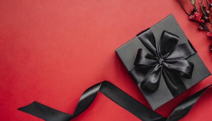 a black gift box with a ribbon is laying on a red background