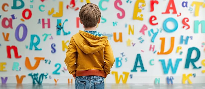 Child with dyslexia is standing in front of a whiteboard with many letters in elementary school. with copy space image. Place for adding text or design