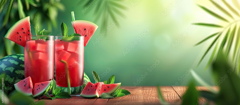 Fototapete watermelon drink in glasses with slices of watermelon. with copy space image. place for adding text 