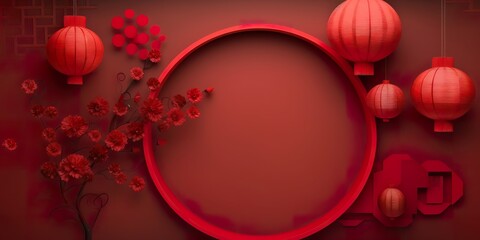 minimalistic design Lunar New Year Design Background, with Circle Frame and Lanterns on 3D Pattern