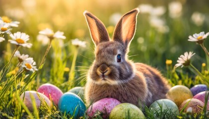 bunny surrounded by easter eggs in the soft sunlit ambiance of a spring field