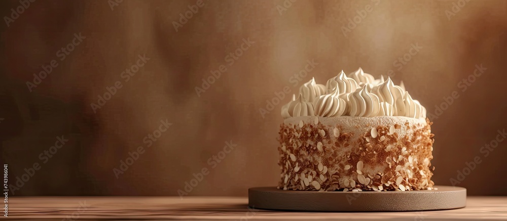 Poster French almond cake with nuts. with copy space image. Place for adding text or design