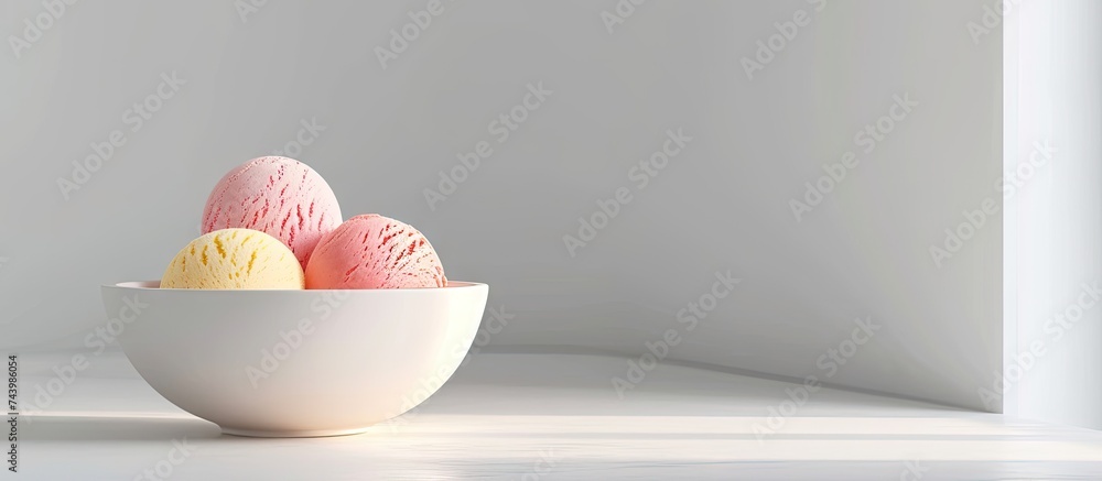 Aufkleber Bowl with ice cream with three different scoops of white brown and red colors close up over white table. with copy space image. Place for adding text or design