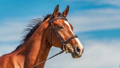 close up of the head of a red horse against the background of a blue sky copy space