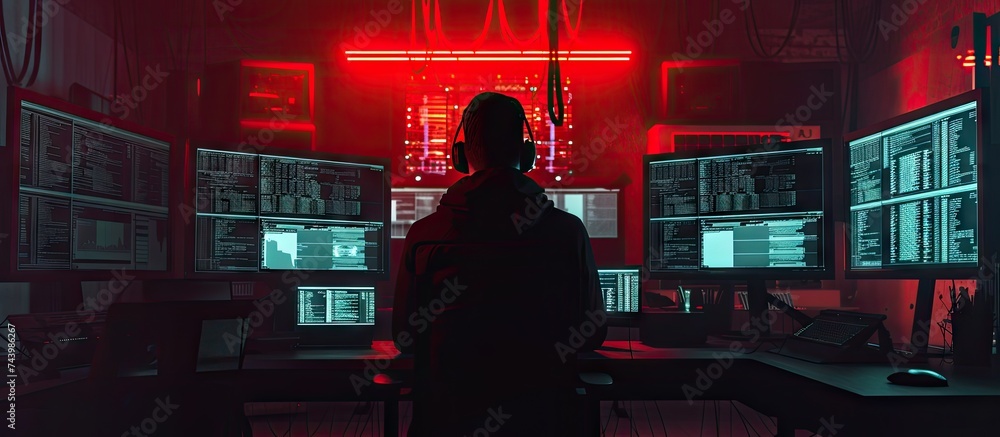 Aufkleber Hooded Hacker Using His Computer with Different Information to Break into Corporate Data Servers and Infects them with Virus His Hideout Place has Dark Atmosphere Multiple Displays