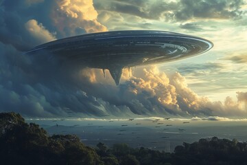 Fototapeta na wymiar Alien Spacecraft Soaring Through Cloudy Sky