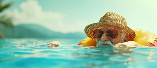 Fototapeta premium Happy black senior man having party in the swimming pool Active elderly male person sunbathing and relaxing in a private pool during summertime. with copy space image. Place for adding text or design