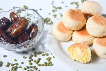Typical snack from Java, Indonesia. Bakpia filled with nuts, black coffee and dates