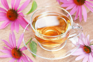 Echinacea purpurea vitamin tea or extract on wooden background with fresh flowers nearby, copy...
