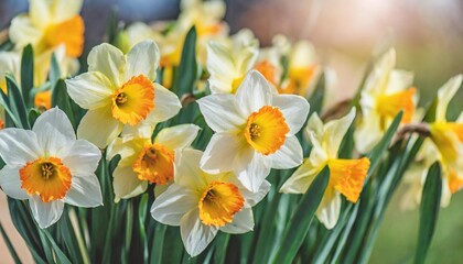 Obraz na płótnie Canvas springtime blooming yellow white and apricot color daffodils spring blossoming narcissus jonquil flowers bouquet background