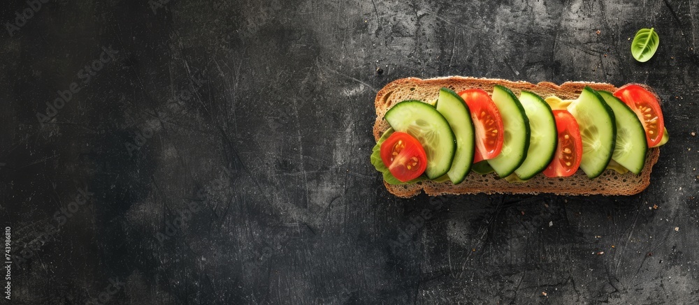Poster Tasty open sandwich from toasted sourdough bread with mashed avocado slices of fresh cucumber and cherry tomatoes. with copy space image. Place for adding text or design