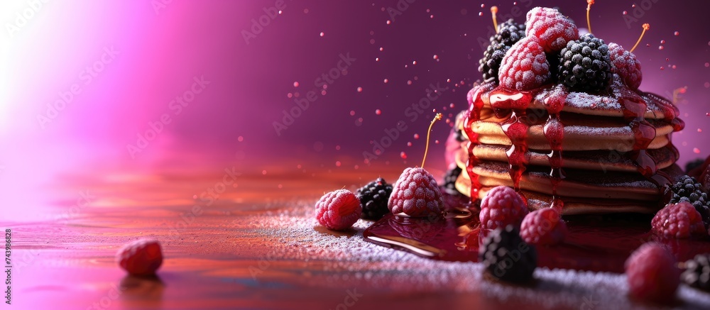 Poster Delicious homemade golden pancakes with fresh blackberries raspberries and raspberry syrup Extreme shallow depth of field. with copy space image. Place for adding text or design