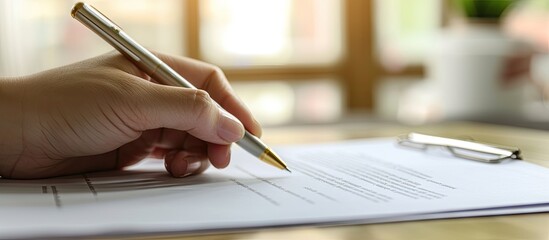 Close Up Of Businessperson Holding Pen On A Contract Paper. with copy space image. Place for adding...