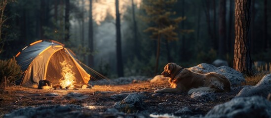 Dog lake Golden retriever Camp fire Outdoor spot with trees Natural camping spot in woods. with copy space image. Place for adding text or design