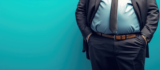 Businessman s belly Image of obesity Suit and leather belt. with copy space image. Place for adding text or design - obrazy, fototapety, plakaty