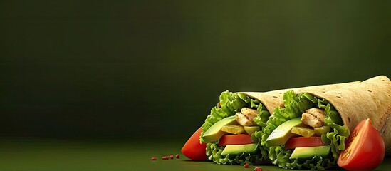 Chicken wraps with avocado tomatoes and iceberg lettuce Tortilla burritos sandwiches twisted rolls....