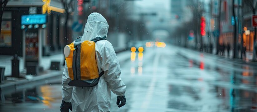 Man sprays disinfector onto the railing wearing coronavirus protective suit and equipment Cleaning and sterilizing the not crowded city streets Covid 19 nCov2019 spread prevention