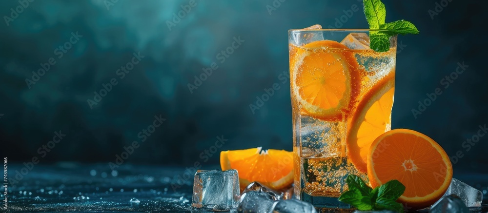 Aufkleber Fresh cocktail with orange mint and ice selective focus. with copy space image. Place for adding text or design