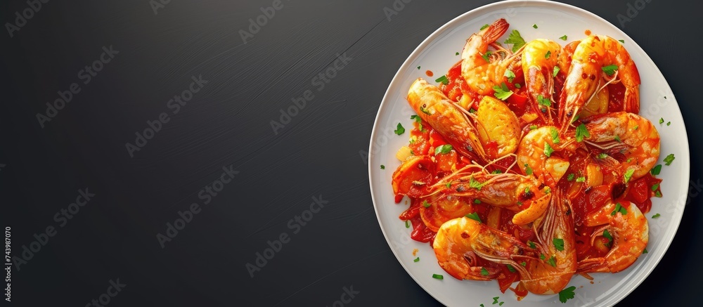 Poster Cajun style seafood boil on a serving dish. with copy space image. Place for adding text or design