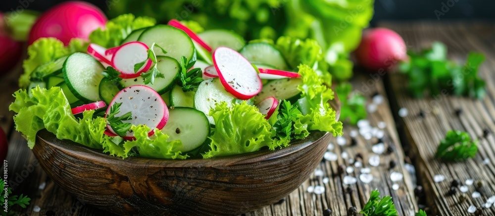 Aufkleber Falafel burger with addition of fresh cucumber radish and Iceberg lettuce on a wooden rustic table Healthy and delicious vegetarian dish. with copy space image. Place for adding text or design
