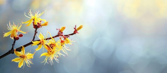 Flowering witch hazel Hamamelis. with copy space image. Place for adding text or design