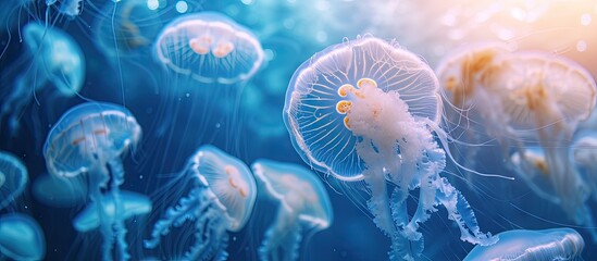 Jellyfish swarm in sunlight. with copy space image. Place for adding text or design