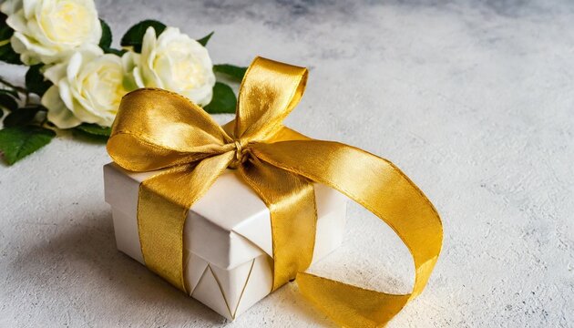 gift box with golden ribbon on a white background copy space beautiful background for greeting card for birthday christmas new year mother s day women s day anniversary