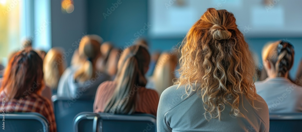 Aufkleber Audience listens lecturer at workshop in conference hall rear view. with copy space image. Place for adding text or design