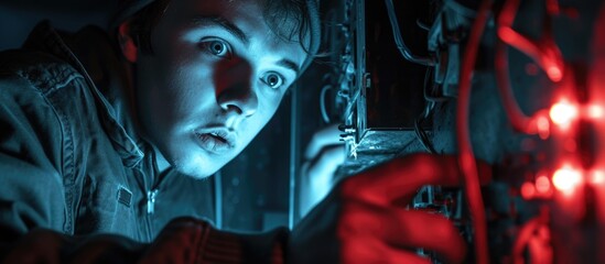 confused apprentice electrician looking at fusebox. with copy space image. Place for adding text or design