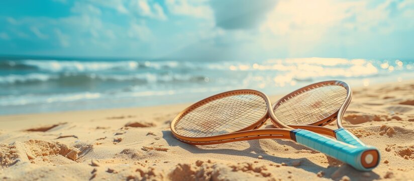 Women s and children s beach tennis rackets on the sand Beach Tennis Kids Beach tennis mother s day Mother and daughter at beach tennis Copy space. with copy space image