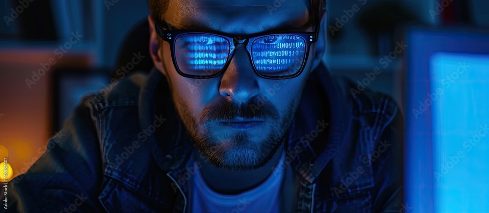 Aufkleber Computer hacker cyberpunk and neon woman hacking software online server or programming password phishing Blue ransomware developer cyber security glasses and night programmer coding malware cod