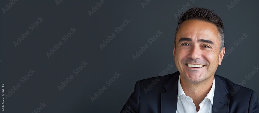 Poster Happy manager holding an empty white business card. with copy space image. Place for adding text or design