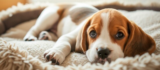Puppy Diseases Common Illnesses to Watch for in Puppies Sick Beagle Puppy is lying on dog bed on the floor Sad sick beagle at home. with copy space image. Place for adding text or design - obrazy, fototapety, plakaty