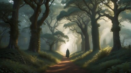 Lone Figure Traversing an Overgrown Path Cutting Through the Heart of a Dense Forest. Brain Rest, Time to Think. Coexistence with Nature. Relaxing in Nature.