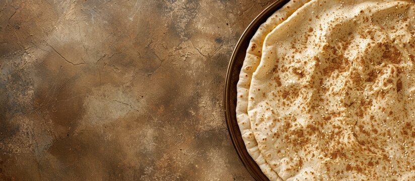 Traditional tahini halva with almonds or Halawa Tahiniya in a Brown baked pitta bread flatbread made mainly in bran Bran breads used for sandwiches and beside meals popular in Egypt selective f