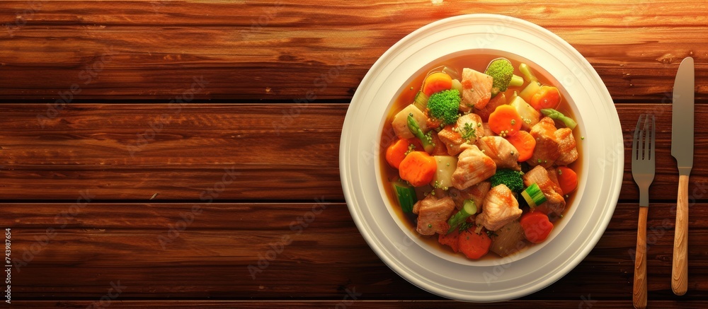 Fototapete homemade chicken stew with tomatoes onions carrot and potatoes on plate. with copy space image. Place for adding text or design