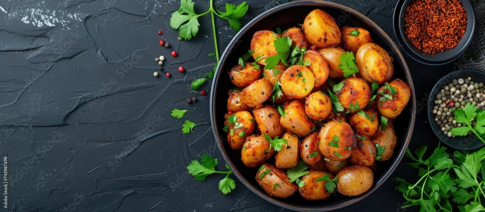 Poster close up view of bombay potatoes pan fried little baby potatoes with jeera seeds and coriander in pa