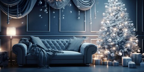minimalistic design new year cozy home interior with christmas tree and garlands