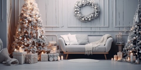 minimalistic design new year cozy home interior with christmas tree and garlands