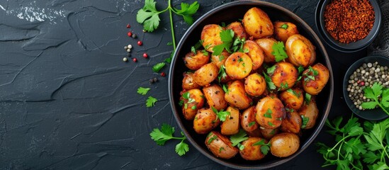 Close up view of bombay potatoes Pan fried little baby potatoes with jeera seeds and coriander in pan Popular indian dish Top view flat lay. with copy space image. Place for adding text or design