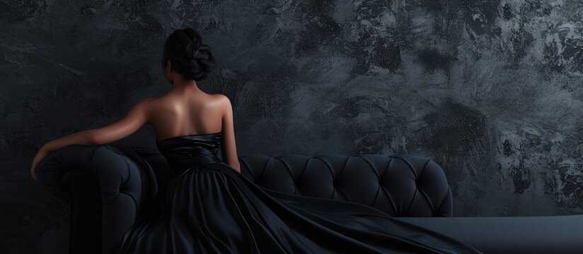 Gothic girl in dark dress lays on divan. with copy space image. Place for adding text or design
