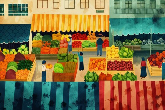 A Painting of People Shopping at a Farmers Market