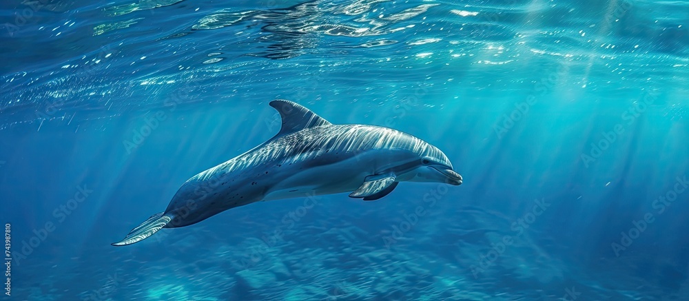 Poster free swimming dolphin tenerife spain. with copy space image. place for adding text or design