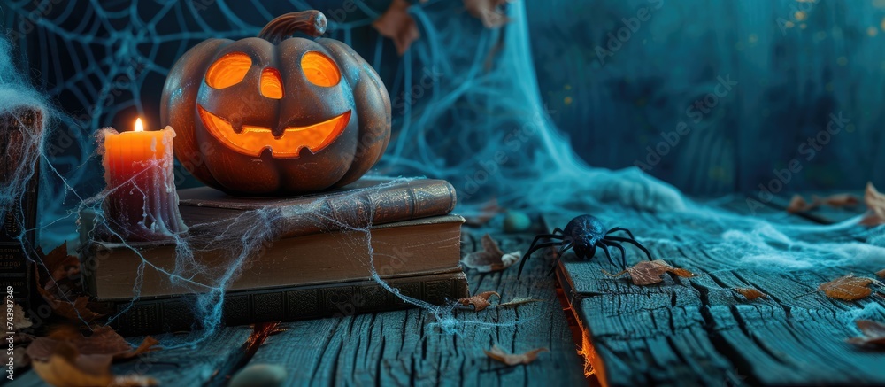 Poster halloween pumpkin with candle old books and spider web big spooky halloween symbol in the night. wit