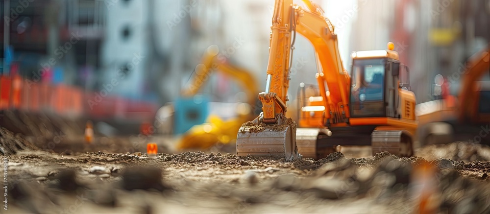 Poster Work of trucks and the excavator in an open pit on gold mining soft focus. with copy space image. Place for adding text or design