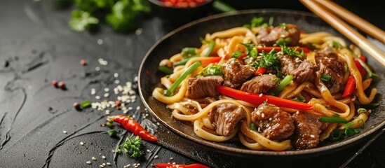 Chinese udon noodles with stir fried veal and vegetables served on plate. with copy space image. Place for adding text or design
