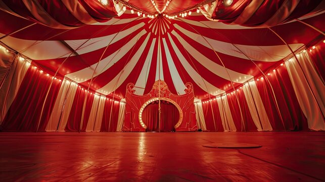 Retro style circus tent with empty red and white colors visible from inside